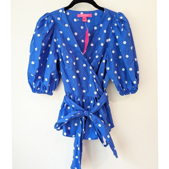 Lilly Pulitzer Kara Cotton Wrap Top In Blue Grotto Hotter Spot - Picture 2 of 7